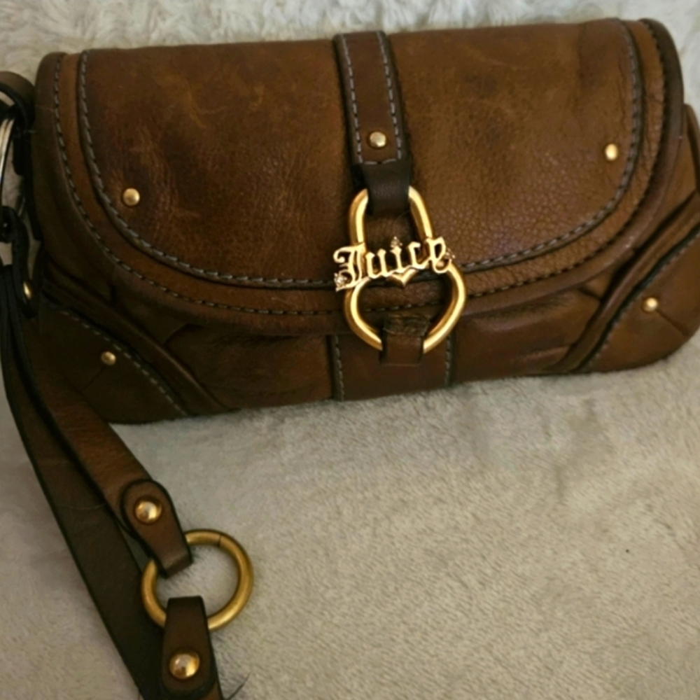 Juicy Couture Vintage Y2K Small Cognac Genuine Cowhide Leather Clutch Wrislet